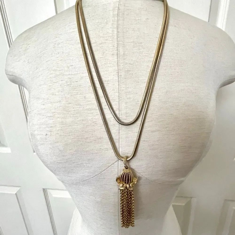 Monet very long vintage  gold tone tassel necklace